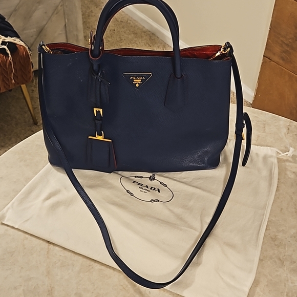 Prada Medium Saffiano Leather Double Bag Blue/Red - Picture 1 of 11